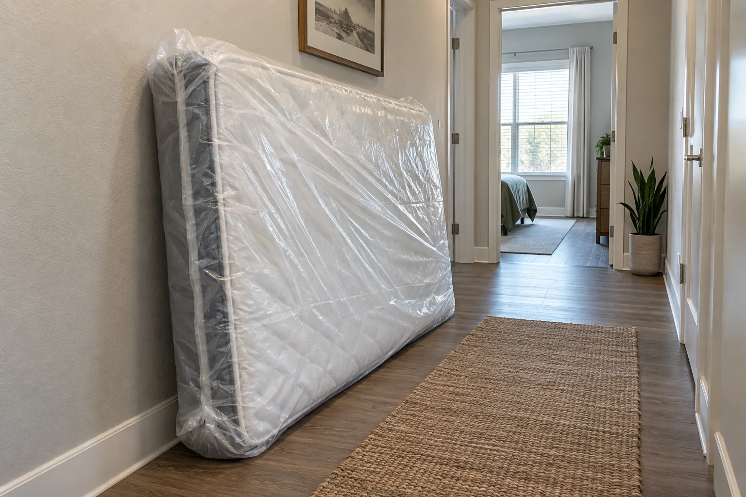 Illustrative wrapped mattress staged safely in an apartment hallway