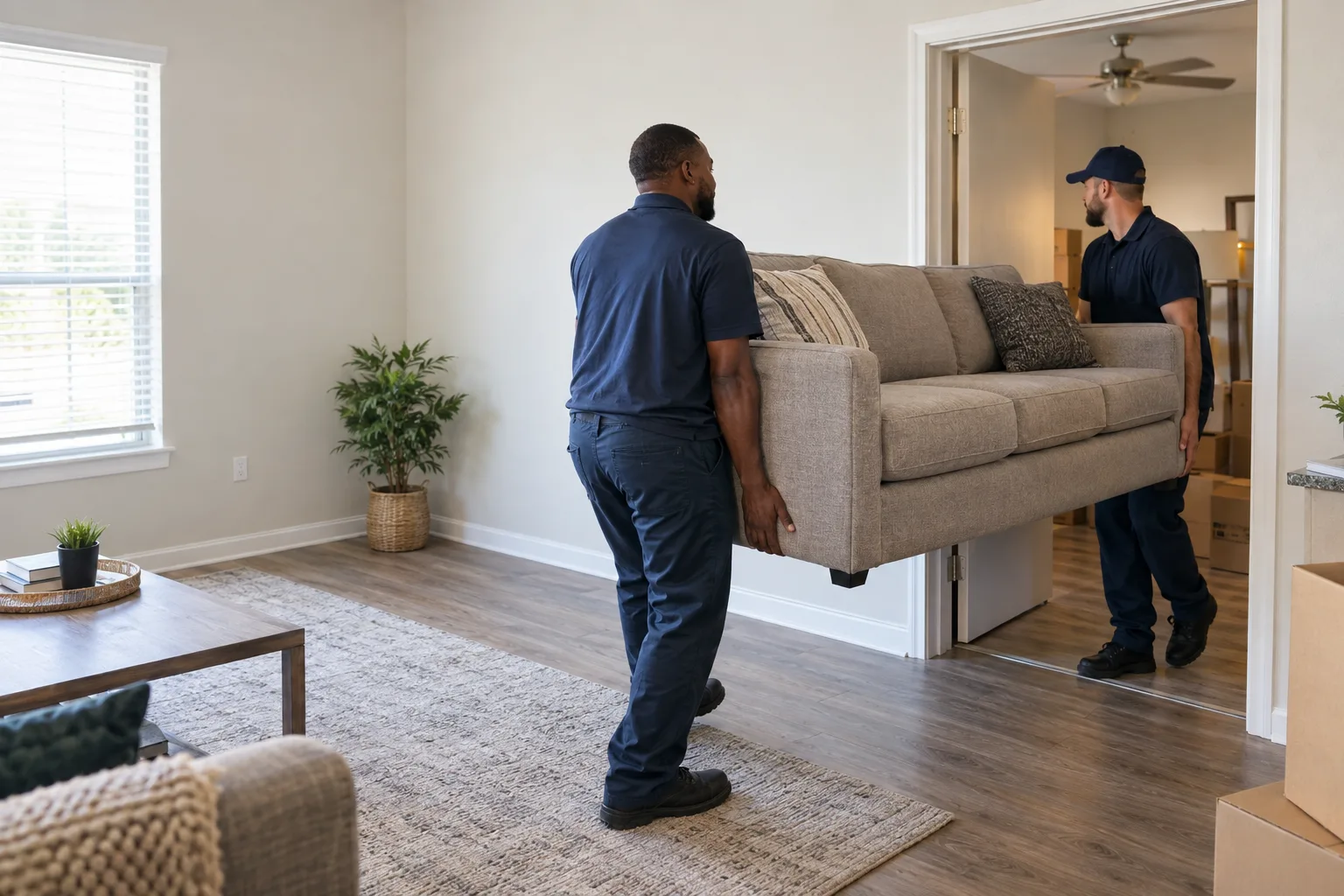 Illustrative apartment cleanout scene with two workers carrying a sofa through a bright living room